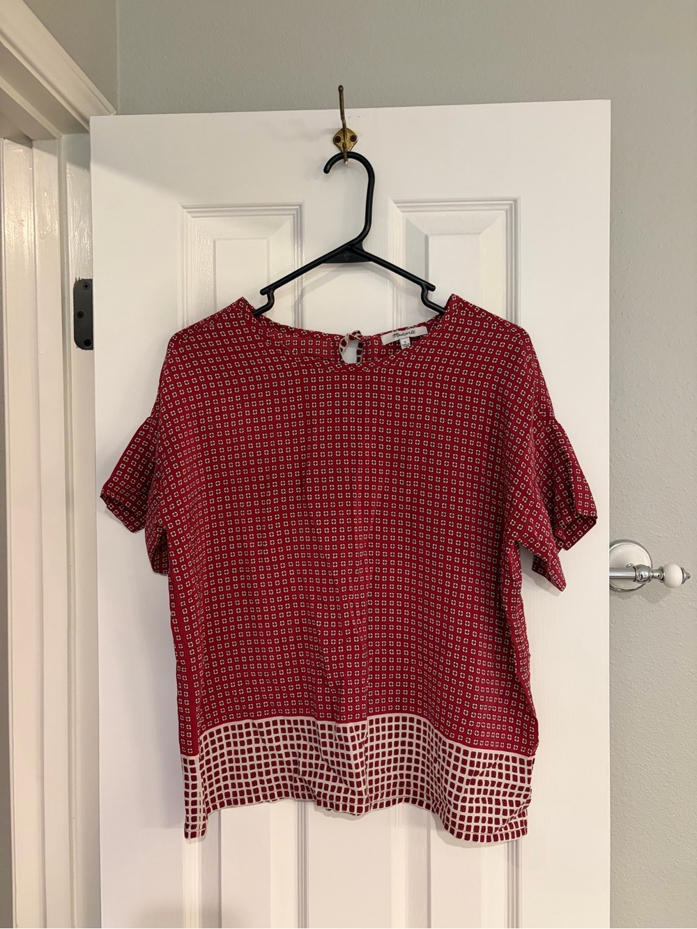 Madewell Red Silk Premiere Bow Back Tee Ascot Tile Print Size S